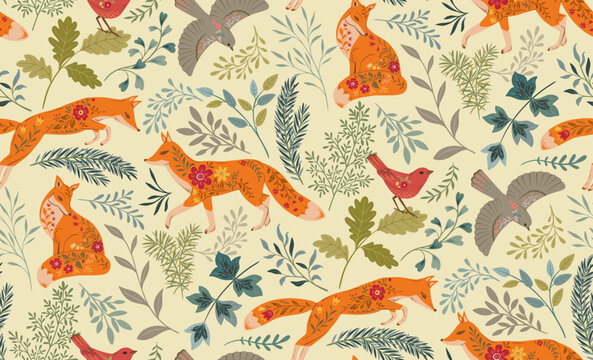 Vector seamless pattern with ornate foxes, butterflies, flowers, plants forest tree branches. Folk art floral natural endless background.