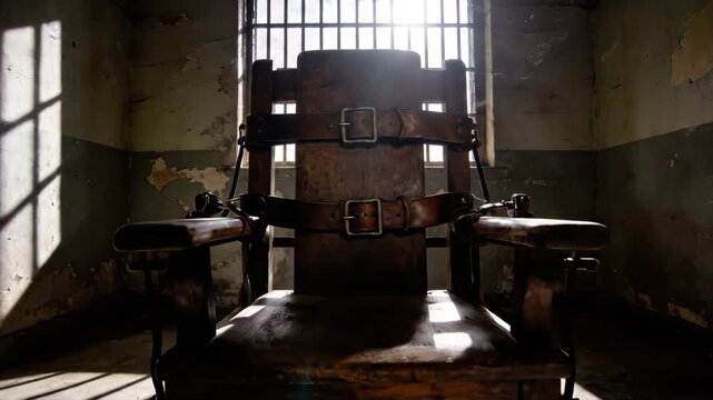 Historic electric chair in a dimly lit prison cell, light from a barred window, suitable for historical documentaries, legal dramas, crime stories, or justice concepts.