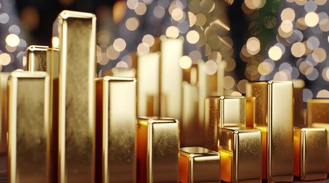 The stock market. Gold bars are in the form of a price growth chart. The background is dark with a blurred gold.
