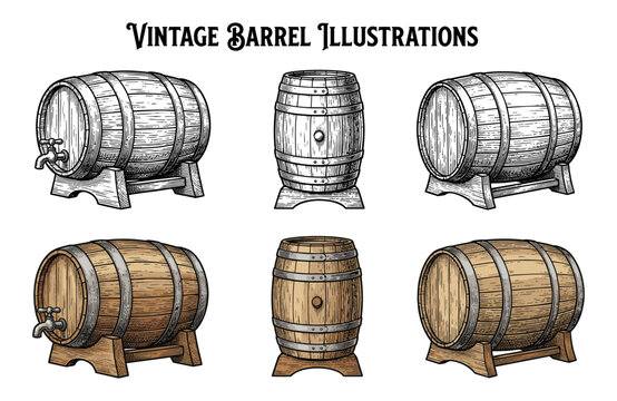 Vintage oak wine barrel engraving set with beer cask and faucet tap