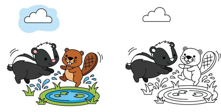 Cute cartoon skunk and beaver jumping and splashing in a puddle vector illustration