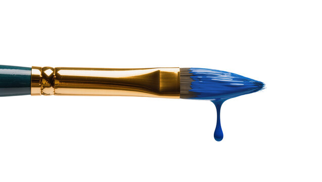 Golden-ferruled paintbrush green handle blue paint dripping, isolated on transparent background for art