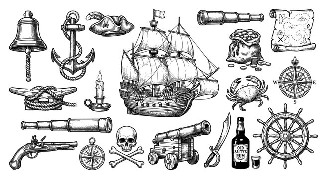 Pirate engraving set with ship cannon treasure map skull and sword