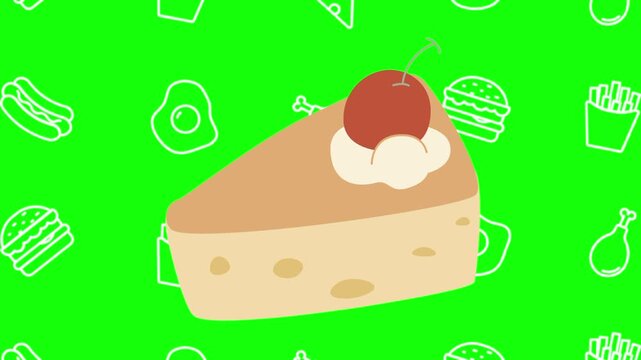 Cherry cake sliced, animated cartoon vector with foodie icon background on green screen. Food idea, creamy, bakery symbol. Popup animation template design element