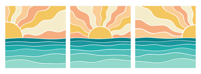 Obraz premium Retro sunset over ocean wave set with groovy sunburst