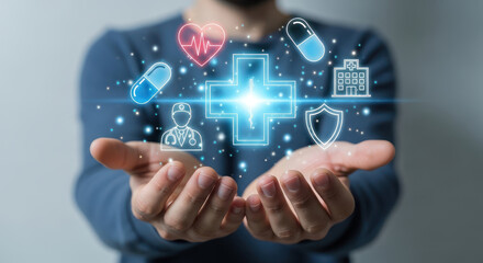Fototapeta premium Person holding digital health icons including medical cross, pills, and shield.