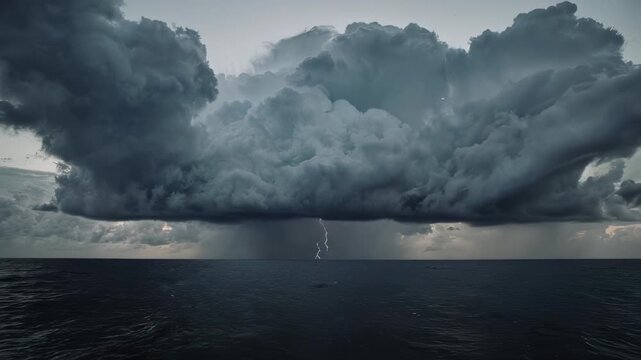 Dramatic scene dark, stormy clouds above ocean, with lightning striking the water