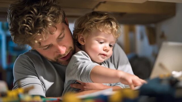 Child drawing picture of parent working from home while sitting under desk, toys scattered, capturing family perspective on workplace boundary challenges, ideal for work-life balan_4