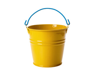 Bright yellow shiny metal bucket with a vibrant blue wire handle, perfectly isolated on transparent background for various creative design projects © Lukas