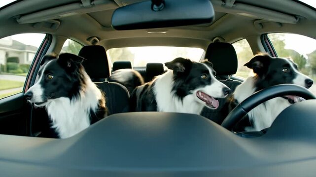 Three Border Collies seated in the front of a vehicle with windows visible