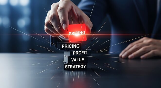 Business strategy concept with cubes showing pricing profit value and strategy.