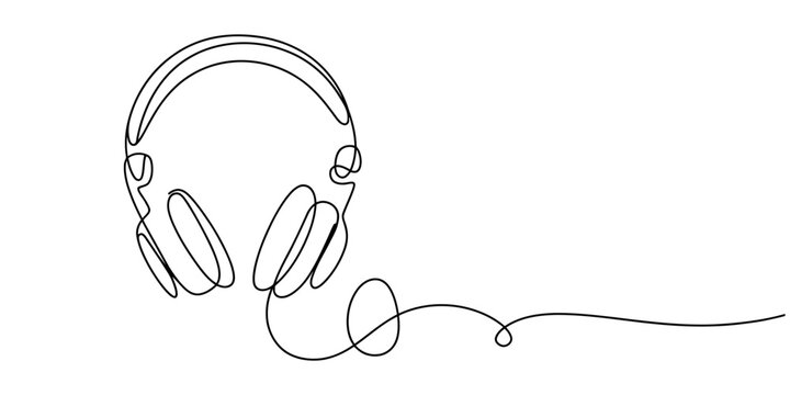 A minimalist single line drawing of audio headphones with a cord on a clean white background area. Vector, illustration