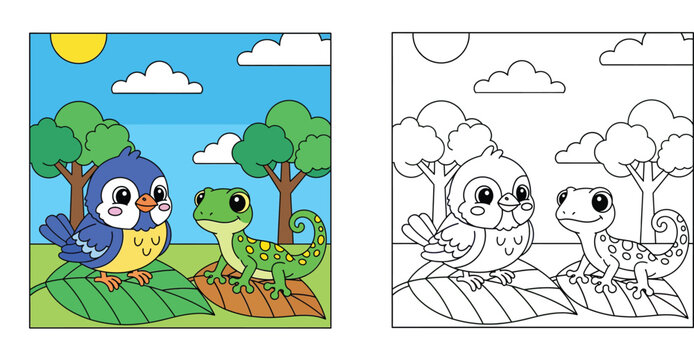 Cute cartoon blue bird and green lizard sitting on leaves in nature vector illustration