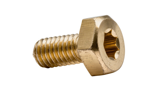 Golden brass hex head bolt with internal star drive and sharp threads, isolated on transparent background