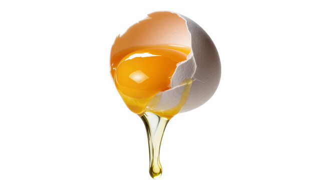 Broken brown eggshell with vibrant orange yolk and clear white dripping, isolated on transparent background for cooking ingredients