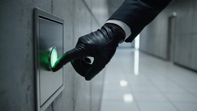 Anonymous figure in black suit and leather gloves pressing a glowing green button in a modern corridor