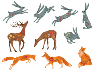 Obraz premium Set of vector illustrations of ornate forest animals. Deer, hares, foxes in folk style.