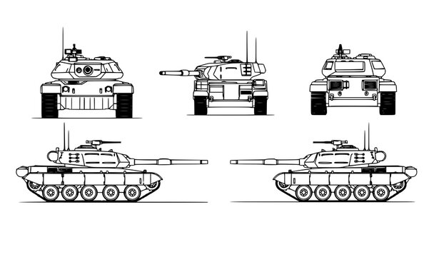 Military tank views vector black white outline front back side illustration