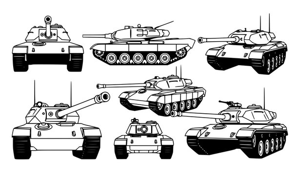Tank vector collection black white multiple angles military vehicle set