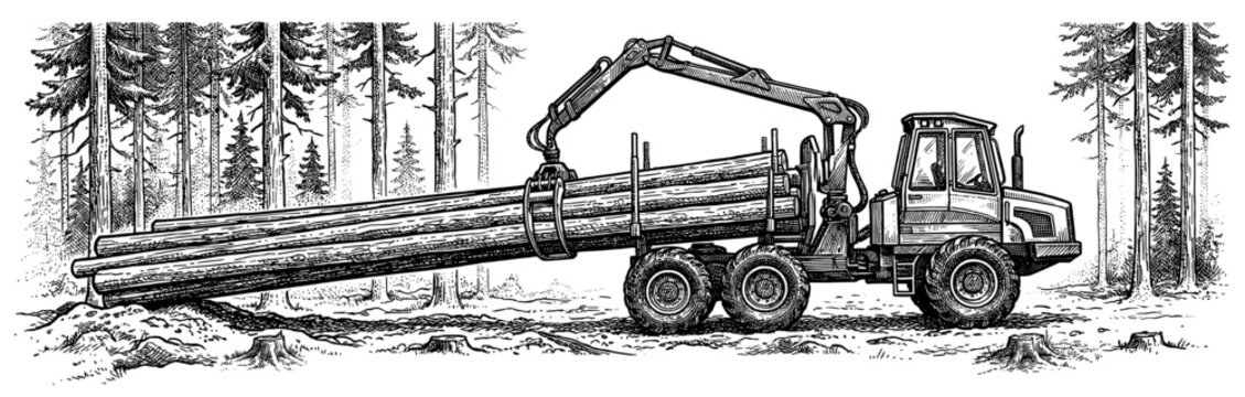 Log forwarder truck forest engraved vintage sketch hand drawn