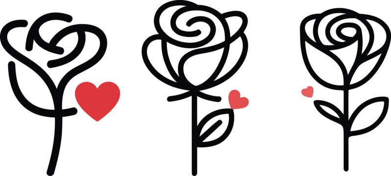 A minimalist line art illustration of a rose with a heart symbol