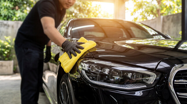 Man cleaning luxury car with microfiber cloth representing automobile care detailing and maintenance concept