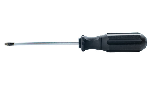 Black plastic-grip flathead screwdriver with silver shaft isolated on transparent background, for repairs