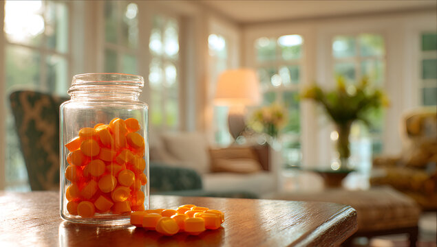 A close-up shows a clear glass jar filled with bright orange soft chews on a wooden table. A living area with soft lighting is in the background