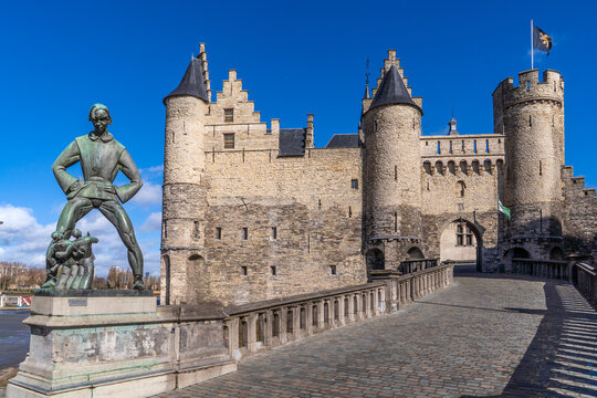 Medieval Het Steen Castle with Lange Wapper Statue in Antwerp, Belgium