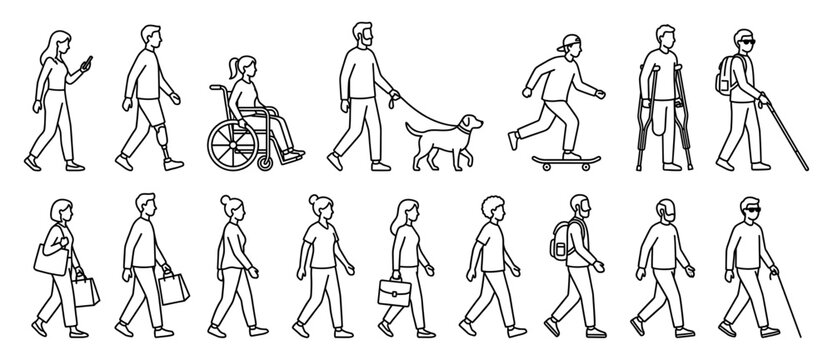 Diverse people line character set with disabled person and pedestrian