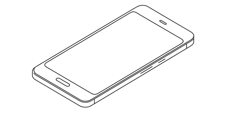 A simple black and white line drawing of a modern smartphone viewed from an isometric perspective Vector, illustration