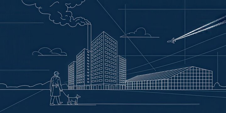 A line drawing of a man walking a dog in front of a city skyline with buildings and an airplane flying overhead at night