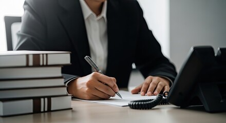 Fototapeta premium Businessman writing with stack of books and laptop