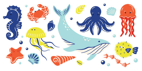 Obraz premium Sea animals hand drawn vector set. Doodle marine life collection with underwater creatures, shells and plants. Ocean elements with crab, octopus, jellyfish, seahorse, starfish. Vector illustration