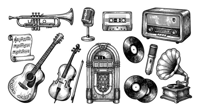Retro music set gramophone jukebox radio guitar cello and trumpet