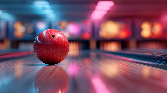 A red and white bowling ball rests on a lane. Blurry lanes and bowling pins are in the background. Pink & blue neon lights glow