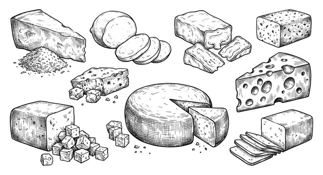 Cheese set with parmesan mozzarella swiss brie and cheddar sketch
