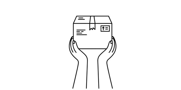 A black and white line art illustration showing a person holding a cardboard delivery package box Vector, illustration