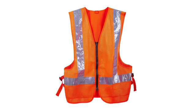 Bright orange safety vest with reflective silver stripes isolated on transparent background, essential for worker protection