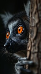 Fototapeta premium Crisp close-up of a ring-tailed lemur peeking from behind a tree trunk. Its large, amber eyes glow with quiet intensity. Soft fur contrasts with deep, shadowy background