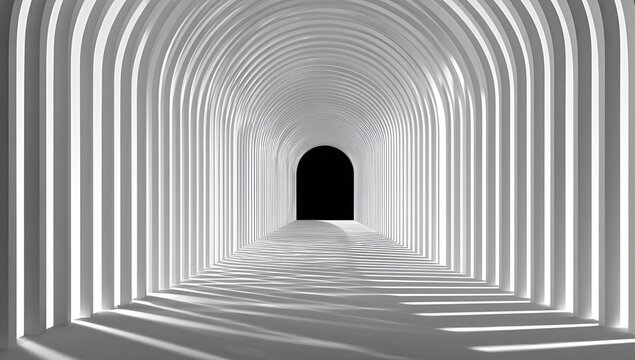 A symmetrical perspective of a white arched hallway with vertical light and shadows. The end leads to a dark opening