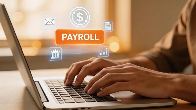 Payroll processing on laptop with digital interface showing salary tax finance icons business accounting HR management online banking modern office workspace professional worker