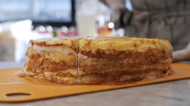 Footage showing a professional chef wearing white gloves using a large knife to cut a freshly made, layered Mille Crepe cake. The cake has a caramelized top layer and is filled with white cream, resti
