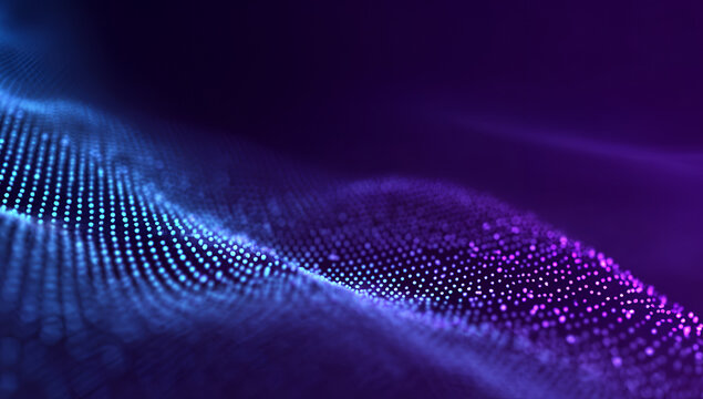 An abstract, digital wavy field of tiny, luminous blue and purple dots floating against a dark, gradient background