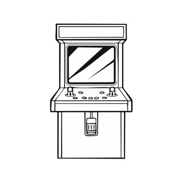 Retro arcade machine with screen and joystick controls outline illustration