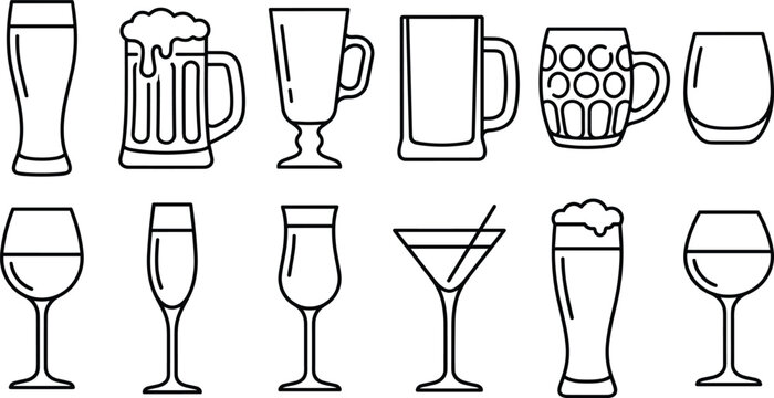 Drink glass line icon set vector beer wine cocktail mug beverage outline collection bar alcohol illustration isolated design