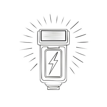 Camera flash unit with lightning bolt symbol radiating light beams simple line art drawing
