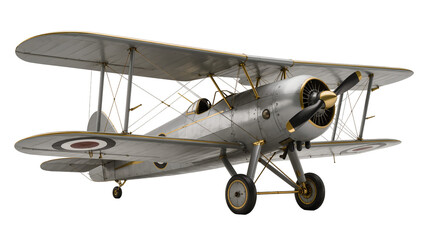 Vintage silver biplane model with black propeller and gold hub, isolated on transparent background © Lukas
