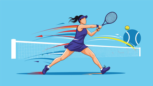 Professional female tennis player performs a powerful backhand swing on a blue court with motion blur effects in a sports scene.