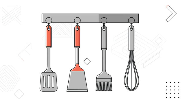 Set of gray and red kitchen utensils including a spatula brush and whisk hang neatly from a metal wall rack in a kitchen.